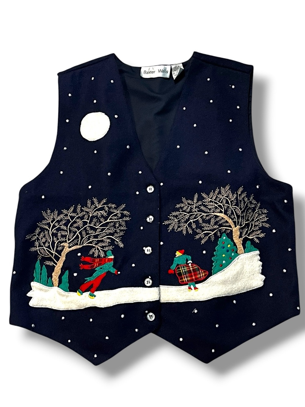 Vintage Christmas Vest Size Large Applique Winter Skating Scene Wool Blend Navy